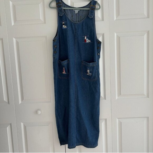 Vintage 4th of July Denim Dress Women's L Lighthouse Embroidered Dress Overall - Picture 1 of 10